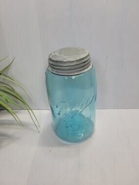 Antique Ball Jar Blue Quart 3 Loop Triple L Logo Slope Shoulder Zinc Lid
